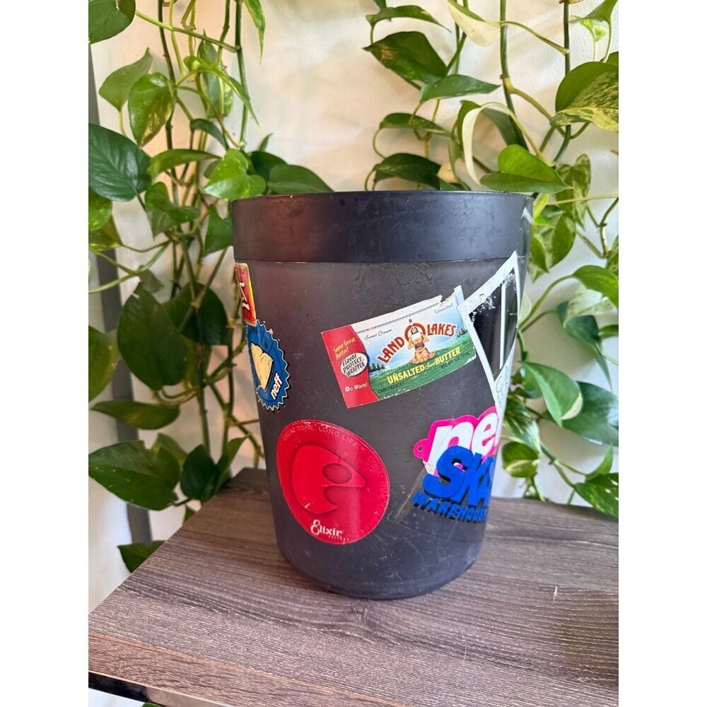 11” Black Sticker-Covered Trash Can – Skater Style